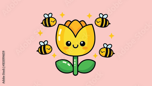 Adorable cartoon yellow flower with a happy face and four buzzing bees.