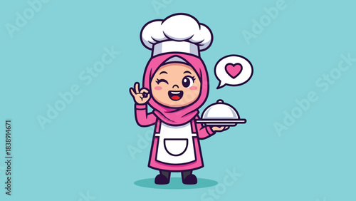 Adorable cartoon Muslim girl chef in pink hijab and apron holding a serving dish winking.