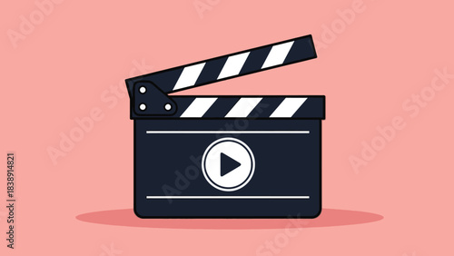 Classic movie clapperboard with play button icon film production symbol.