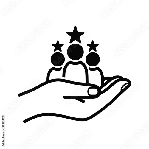 Hand holding three people icons with stars above their heads representing customer service or top rating isolated on