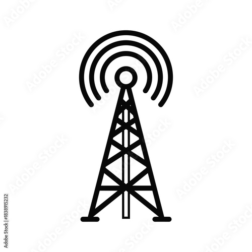 Simple black and white line art icon representing a radio transmission tower broadcasting signal waves isolated on