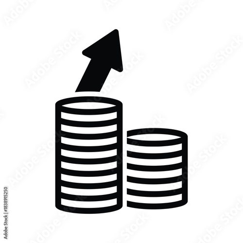 Black and white icon of two stacks of coins with an upward pointing arrow indicating financial growth or profit isolated on