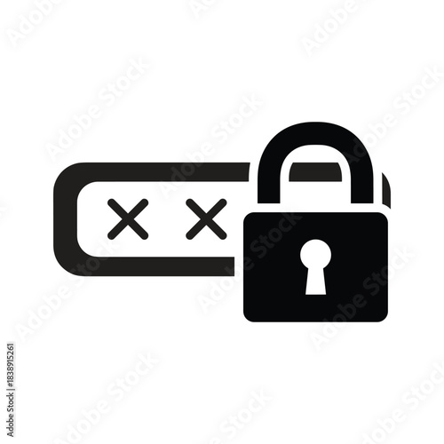 Black and white icon representing password security with a padlock and obscured text field, isolated on
