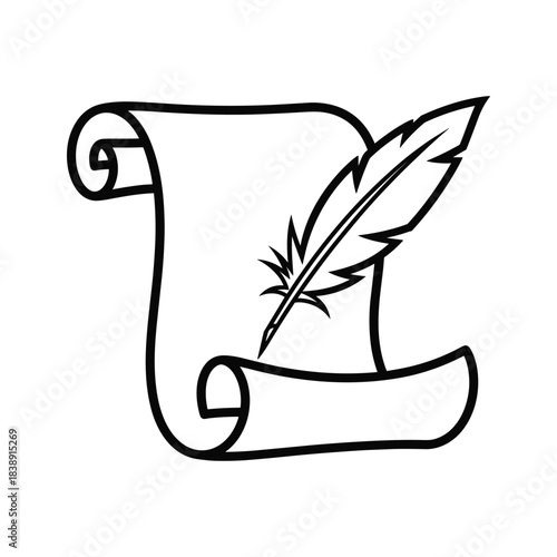 Black and white line art icon of a quill pen resting on a rolled parchment scroll, isolated on