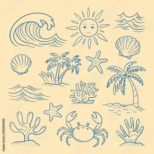 Whimsical hand drawn ocean and beach elements collection