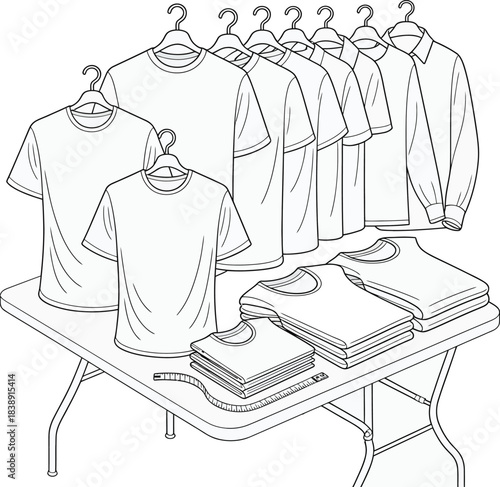 Line drawing of t shirts and folded clothing on a table