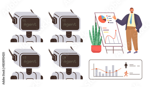 Businessman explaining data insights to robot agents using graphs and charts. Ideal for AI collaboration, automation, data analysis, technology, business strategy, innovation, and workplace