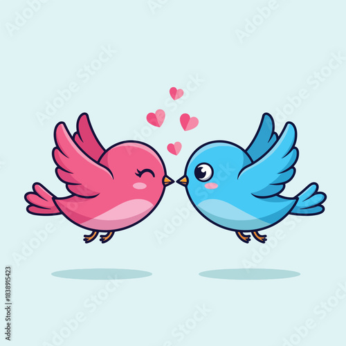 Cute cartoon pink and blue love birds with hearts.