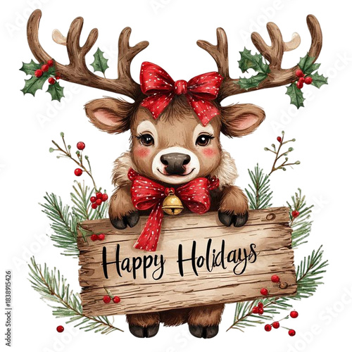 An image of cute christmas reindeer with red scarf.. The scene includes deer, playful, white, adorable, drawing, gift, red, clip