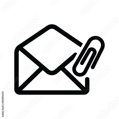 Simple black and white icon representing an email message with an attached paperclip, isolated on