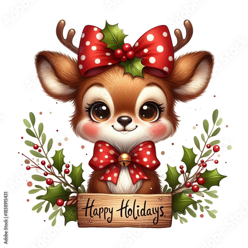An image of cute christmas reindeer with red scarf.. The scene includes deer, playful, white, adorable, drawing, gift, red, clip