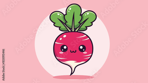Cute Cartoon Radish with Green Leaves and Happy Face.