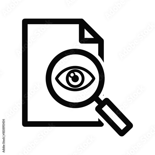 Black and white icon of a document with a magnifying glass over an eye symbolizing inspection or review
