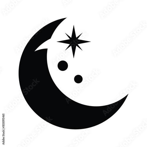 Black silhouette of a crescent moon with a shining star and two small dots representing celestial bodies isolated on