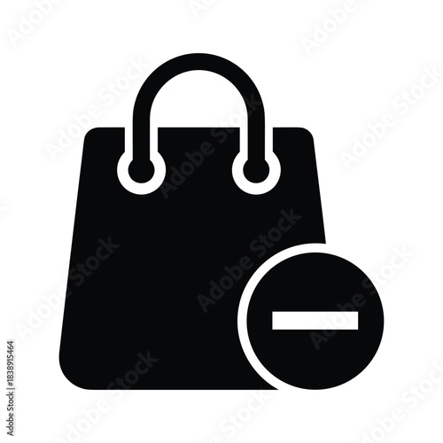 Black silhouette icon of a shopping bag with a minus sign in a circle, symbolizing removal from cart or delete item