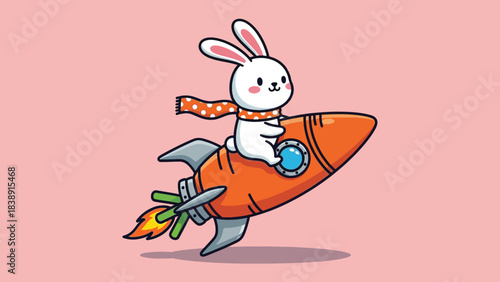 Cute Cartoon Rabbit Wearing Scarf Riding Orange Rocket.