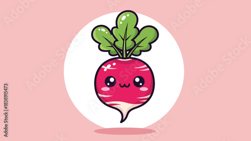 Cute cartoon radish with kawaii face and green leaves.