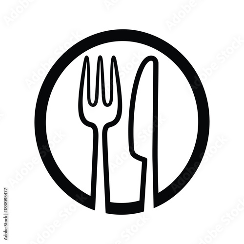 Black and white icon of a fork and knife inside a circle, representing restaurant, dining, or cutlery service, isolated on