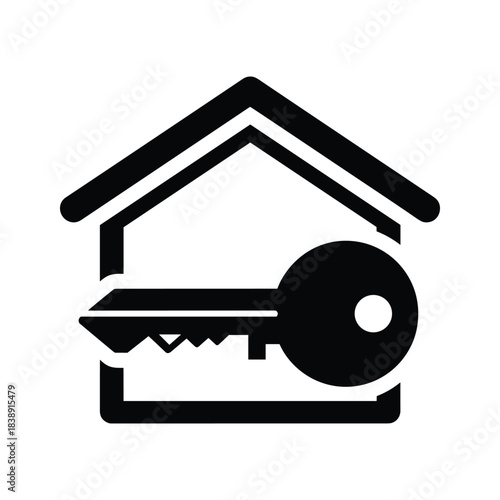 Black and white simple icon representing a house outline with a key inside, symbolizing home ownership or real estate access, isolated on