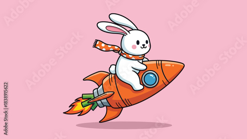 Cute cartoon white rabbit wearing a scarf riding an orange rocket flying upwards.