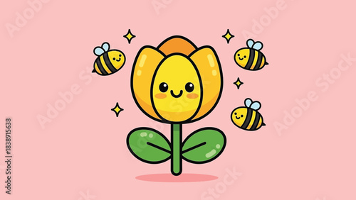 Cute Cartoon Yellow Flower with Smiling Face and Flying Bees.