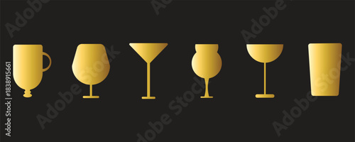 Golden glass silhouettes on black background, featuring a mug, wine glass, martini glass, and beer glass in a row