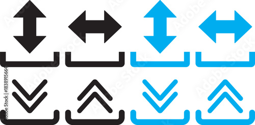 Set of upload and download icons arrow symbol in black and blue outline styles. Up arrow vector icon illustration isolated on white and black. Download button icon or logo illustration outline black 
