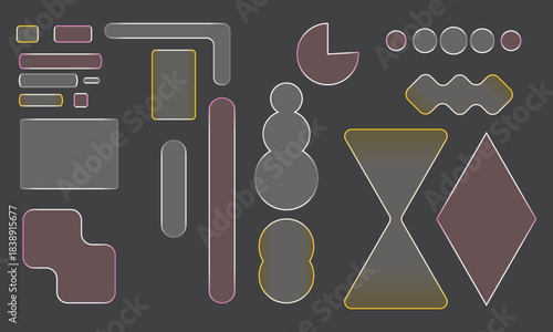 Geometric shapes with colorful outlines arranged on a dark gray background creating a modern and abstract composition