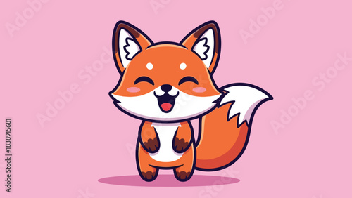 Cute happy cartoon fox character with fluffy white tail and orange fur.