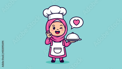Cute Muslim Female Chef Winking and Holding Food Dish with Heart Icon.