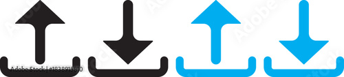 Set of upload and download icons arrow symbol in black and blue outline styles. Up arrow vector icon illustration isolated on white and black. Download button icon or logo illustration outline black 