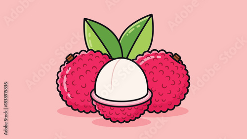 Fresh lychee fruit with red spiky skin and white flesh accompanied by green leaves.