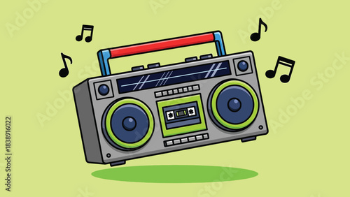 Retro Cartoon Boombox Cassette Player with Music Notes.
