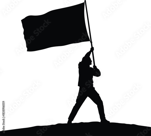 Silhouette of Person Holding Flag in Victory Pose on Hilltop