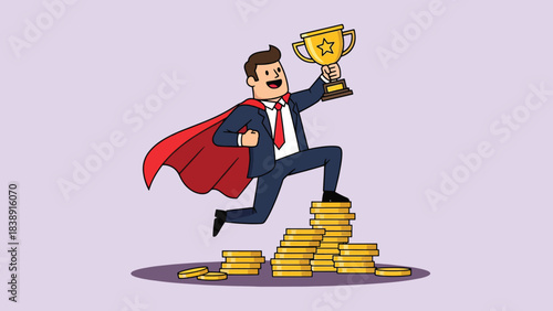 Triumphant superhero businessman holding a golden trophy stepping on stacks of gold coins.