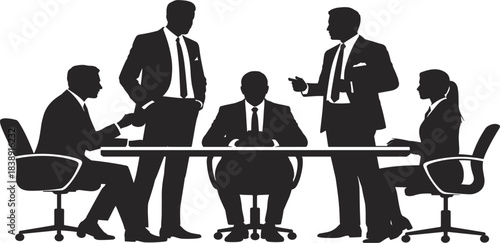Business people team meeting silhouette in an office boardroom, five professionals collaborating around a conference table, teamwork and partnership vector