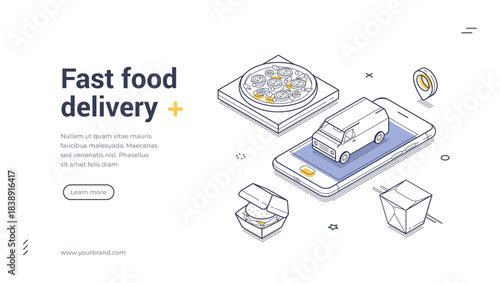 Fast food delivery isometric web banner. Vector illustration of online order service. Landing page template with smartphone, van, pizza, burger. Concept for restaurant and cafe promotion