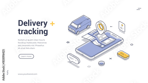Delivery tracking web banner template. Isometric vector illustration of online logistics service with smartphone, map, pin and van for cargo shipping and transportation