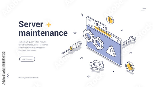 Server maintenance web banner. Isometric template with browser window, gears, and tools. Vector illustration for technical support or system administration landing page