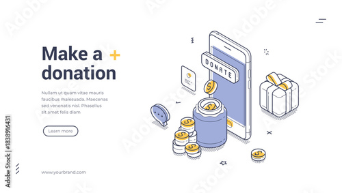 Donation and charity web banner. Isometric template with smartphone, money coins for fundraising campaign. Vector illustration for landing page or mobile app promotion