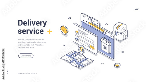 Web banner template for delivery service. Isometric vector illustration with online order form, map navigation, and parcel boxes. Modern design for logistics and e-commerce landing page