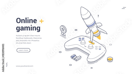 Online gaming web banner. Isometric template with gamepad and rocket. Vector illustration for cybersport competition or game streaming. Modern design for landing page or mobile app