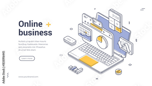Online business web banner template. Isometric vector illustration for data analysis and financial management. Modern design with laptop, charts, graphs for landing page or app