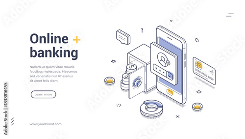 Online banking web banner template. Isometric vector illustration for secure mobile payments and finance management. Modern design with smartphone, safe, credit card for landing page or app