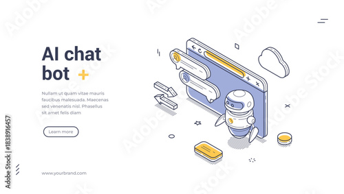 AI chat bot web banner. Isometric template with robot for customer support. Vector illustration for landing page or mobile app with dialog bubbles and online communication