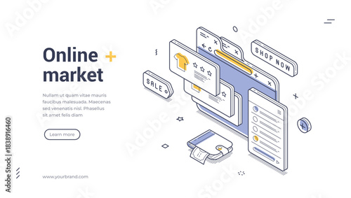 Online market web banner for e-commerce. Isometric template with browser, mobile app, and wallet. Vector illustration for a modern digital store landing page or internet shopping concept