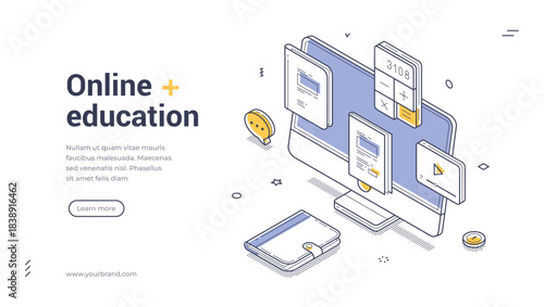 Isometric web banner template for online education. Vector illustration of a computer with educational icons. Modern concept for e-learning, distance courses, and knowledge acquisition online