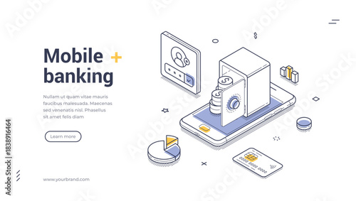 Isometric web banner template for mobile banking. Vector illustration of a smartphone with safe, coins, credit card. Modern concept for online finance, security, and payment application design