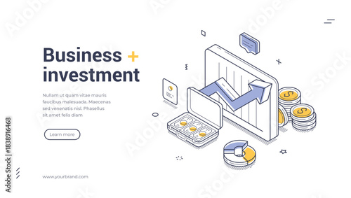 Business investment web banner. Isometric template with growth chart and money. Vector illustration for a modern finance analytics landing page or startup success concept