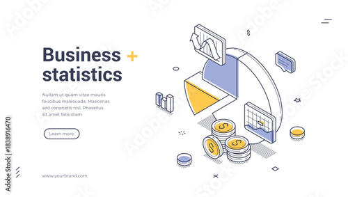 Isometric web banner for business statistics and data analysis. Vector illustration template with pie chart and coins. Concept for finance report, market research, and modern web page design